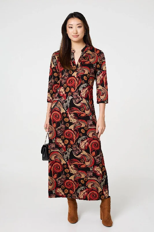 Women's Boho Crochet Maxi Dress-Abstract 3/4 Sleeve Maxi Shift Dress