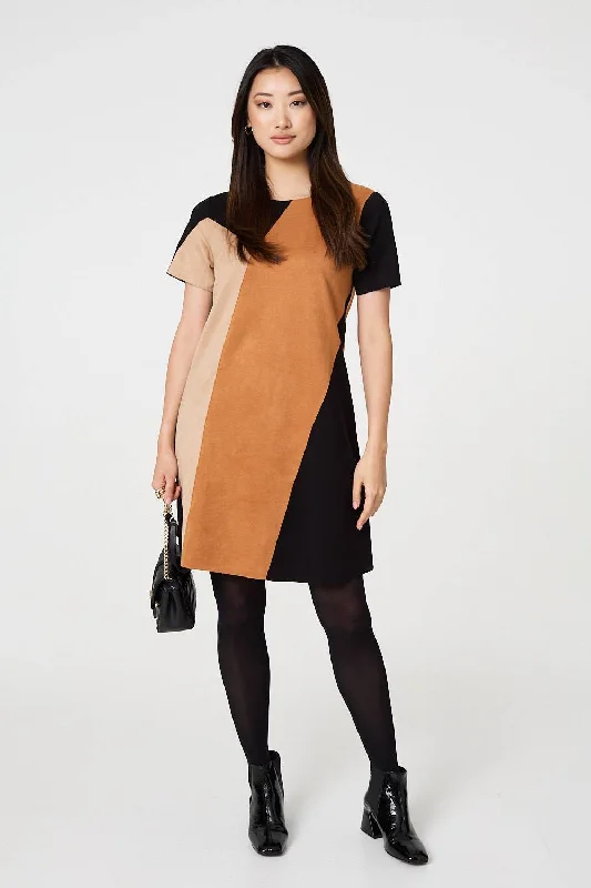 Elegant Shirt Dress-Colour Block Short Sleeve Short Dress