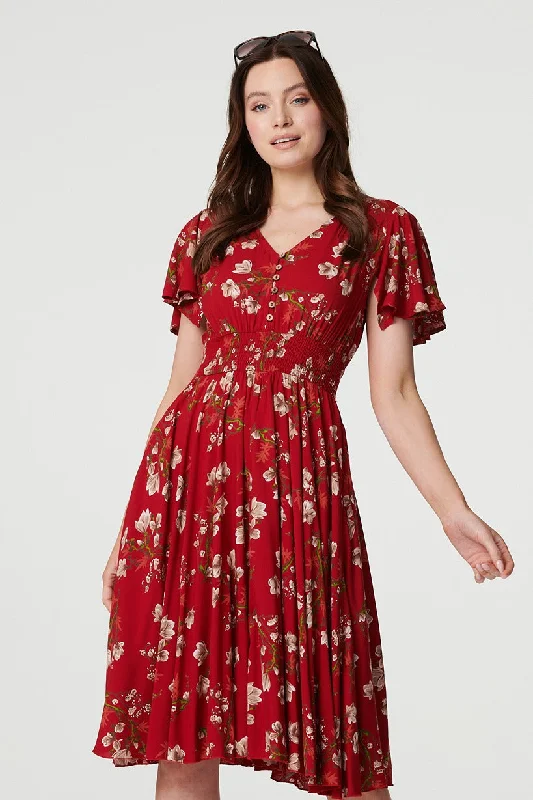 Summer Vacation Shirt Dress-Floral Angel Sleeve Short Dress