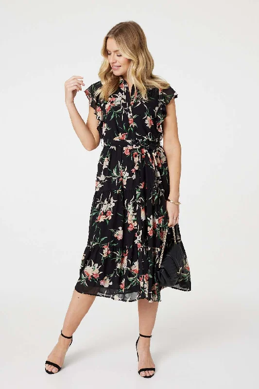 Dress Shirt Dress-Floral Angel Sleeve Shirt Dress