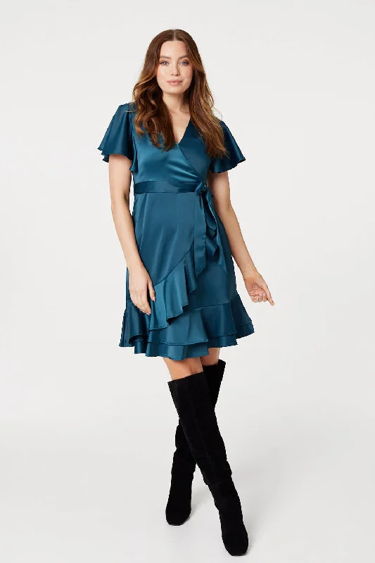 Classic Satin Wrap Dress for Evening -Wrap Dress with Smocked Waist -Frill Detail Short Wrap Dress Classic Satin Wrap Dress for Evening -Wrap Dress with Smocked Waist -Frill Detail Short Wrap Dress