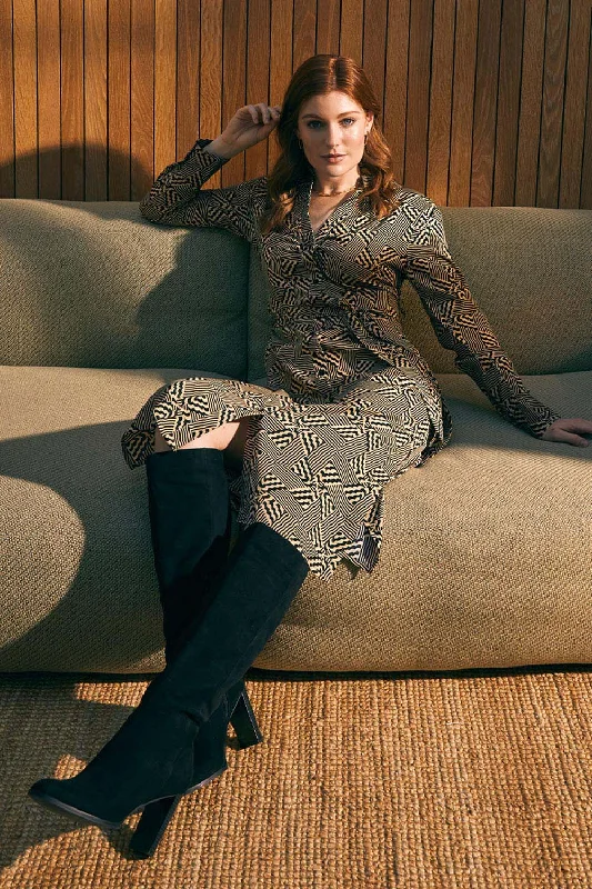 Deep V-neck Shirt Dress-Geo Print Button Front Shirt Dress