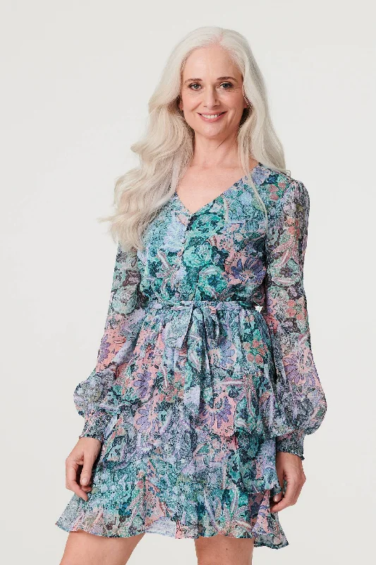 Oversized Button-up Shirt Dress-Printed Layered Hem Short Dress