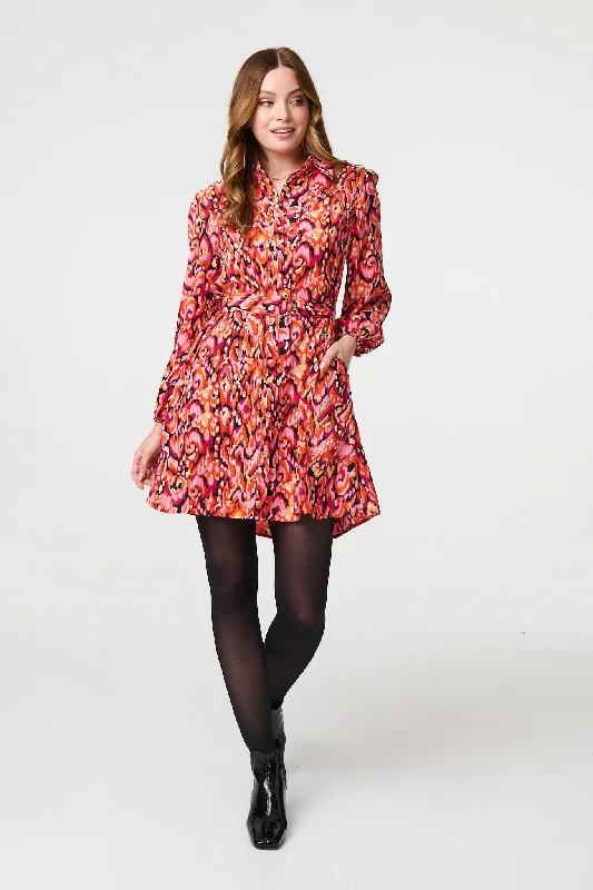 Spring Shirt Dress-Abstract Print Belt Detail Shirt Dress