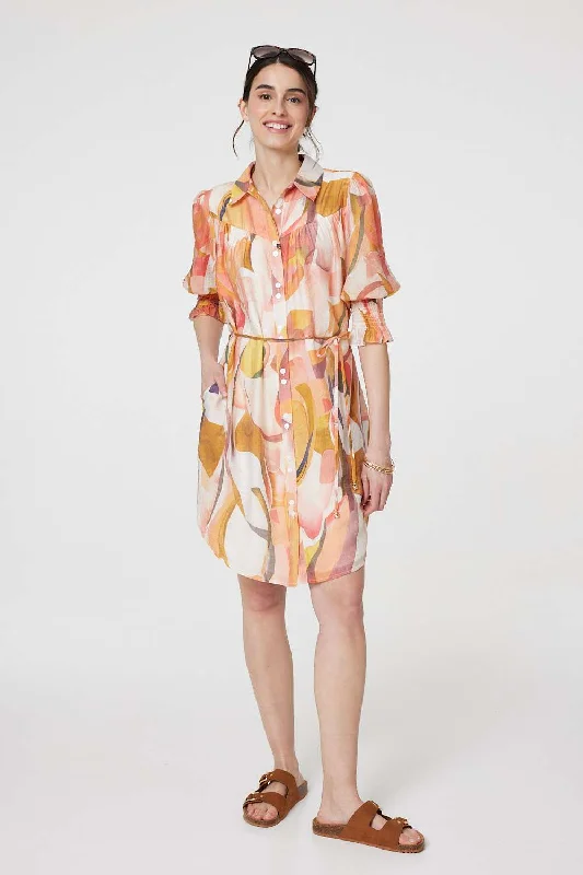 Work Shirt Dress-Printed 3/4 Puff Sleeve Shirt Dress