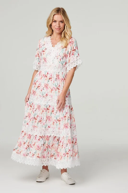 Women's Pleated Back Maxi Dress-Floral Lace Detail Maxi Dress