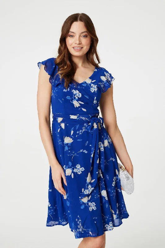 Wrap Dress with Tie at Back -Wrap Dress for Bridal Shower -Floral Frilled Knee Length Wrap Dress Wrap Dress with Tie at Back -Wrap Dress for Bridal Shower -Floral Frilled Knee Length Wrap Dress
