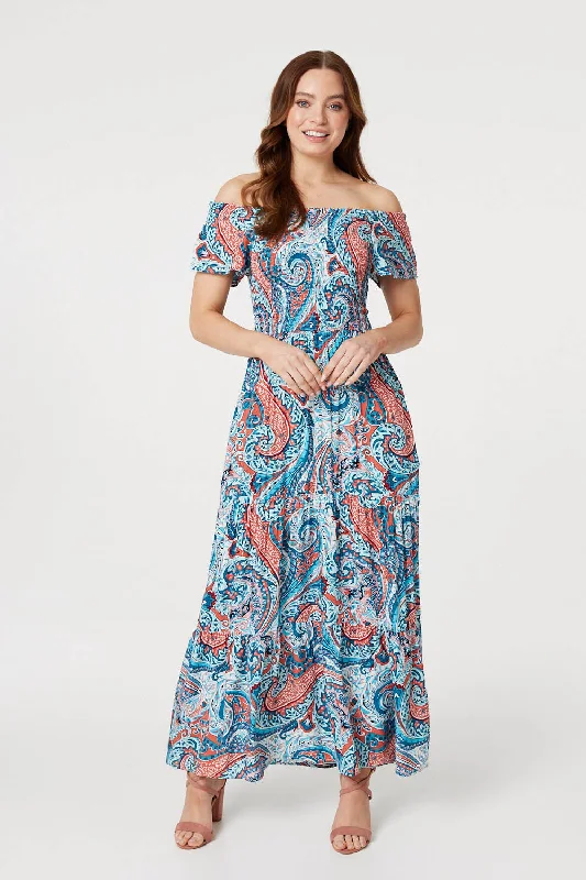 Women's Allover Print Maxi Dress-Paisley Square Neck Maxi Dress