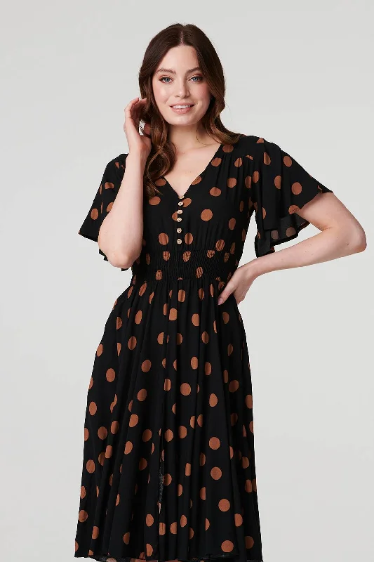 Bodycon Shirt Dress-Polka Dot Fit & Flare Short Dress