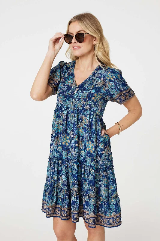 Lightweight Shirt Dress-Paisley Border Print V-Neck Short Dress