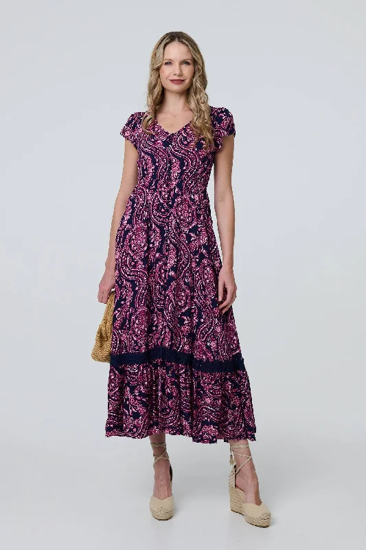 Women's Sleeveless Lace Maxi Dress-Paisley Cap Sleeve Lace Trim Maxi Dress