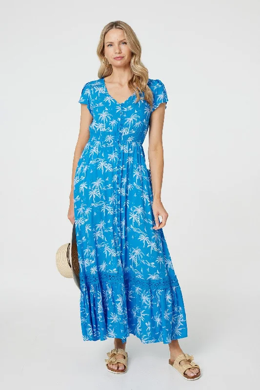 Women's Color-block Maxi Dress-Tropical Print Angel Sleeve Maxi Dress
