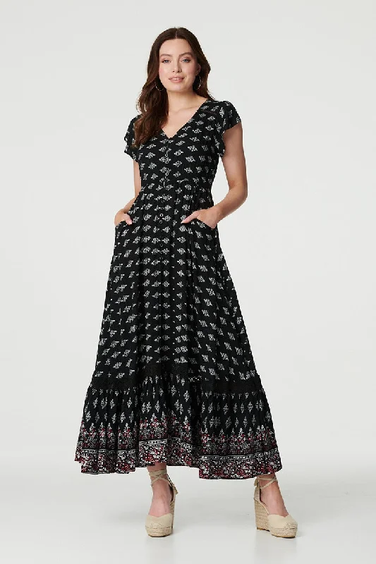 Women's Sequin Maxi Dress-Printed V-Neck Lace Hem Maxi Dress