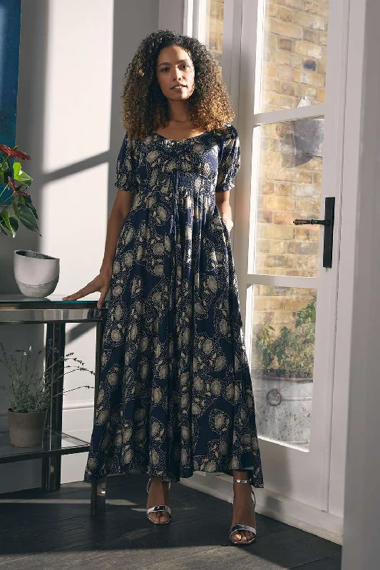 Women's Slip Dress Maxi-Printed Shirred Waist Maxi Dress