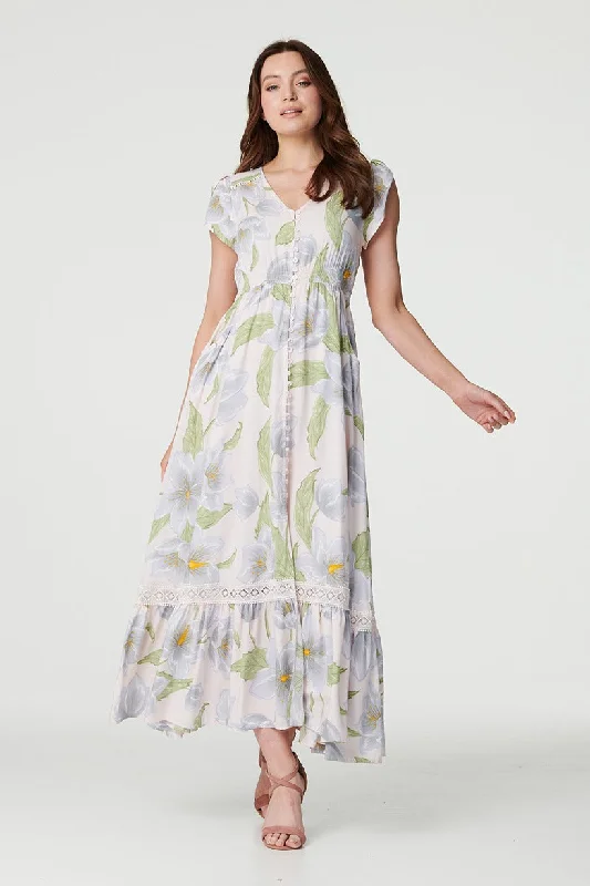 Women's Sheer Sleeves Maxi Dress-Floral Lace Trim V-Neck Maxi Dress