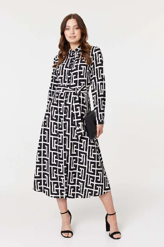 Red Shirt Dress-Printed Tie Waist Midi Shirt Dress