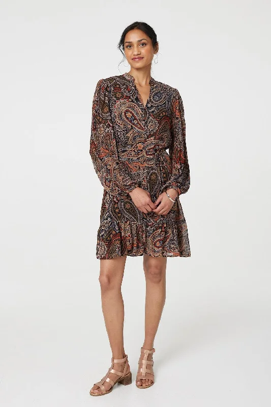 Stylish Shirt Dress-Paisley Print Tie Waist Short Dress