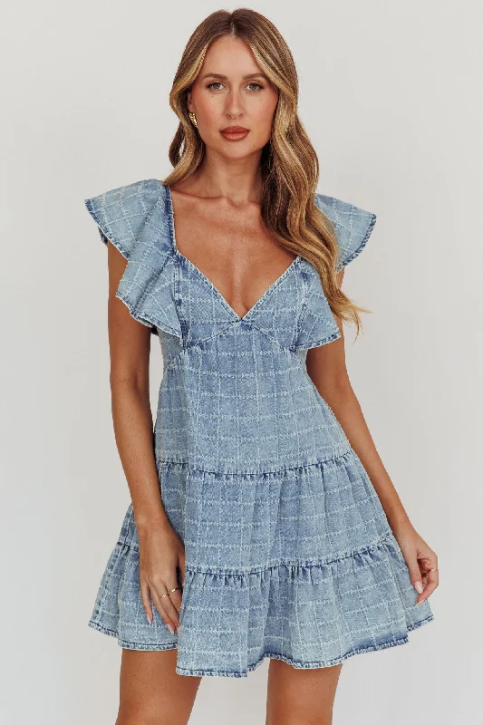 Women's Wraparound Mini Dress-Daffodil Ruffle A-Line Mini Dress Light Blue