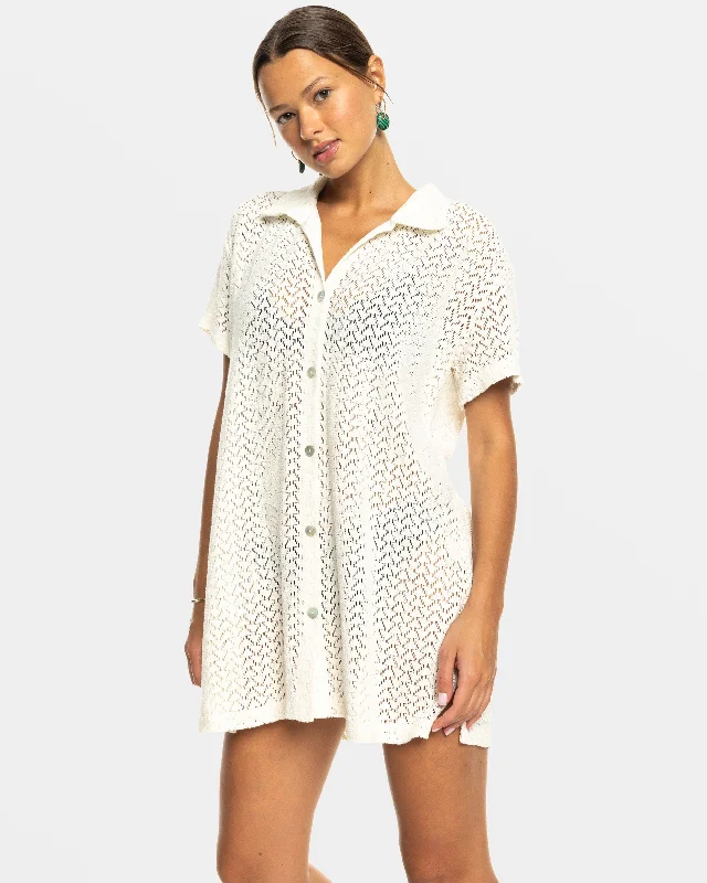 Checked Shirt Dress for Women-Dalia Beach Crochet Shirt Dress - Egret