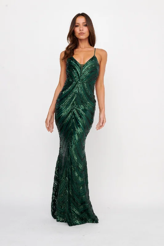 Women's Pleated V-neck Maxi Dress-Dalila Open Tied Back Sequin Maxi Dress Hunter