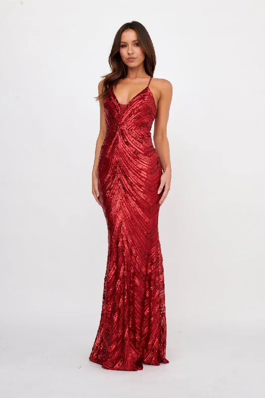 Women's Bohemian Print Maxi Dress-Dalila Open Tied Back Sequin Maxi Dress Red