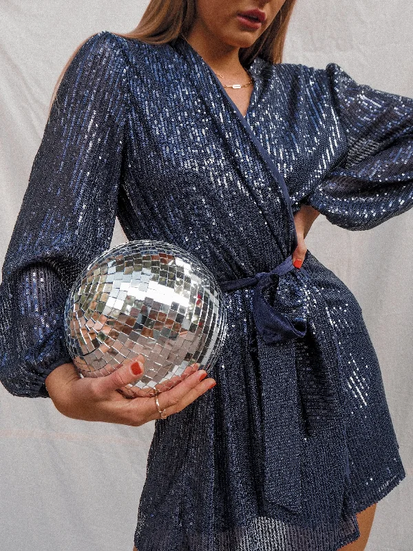 Wrap Dress with Textured Fabric -Wrap Dress with Thick Waistband -Dani Sequin Wrap Dress / Navy Wrap Dress with Textured Fabric -Wrap Dress with Thick Waistband -Dani Sequin Wrap Dress / Navy