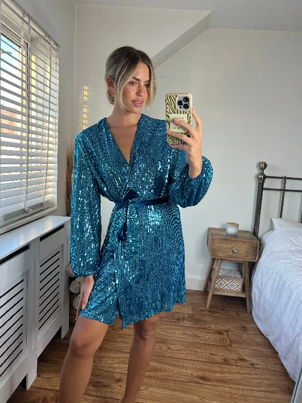 Elegant Satin Wrap Dress for Day Event -Wrap Dress with Fringe -Dani Sequin Wrap Dress / Peacock Blue Elegant Satin Wrap Dress for Day Event -Wrap Dress with Fringe -Dani Sequin Wrap Dress / Peacock Blue