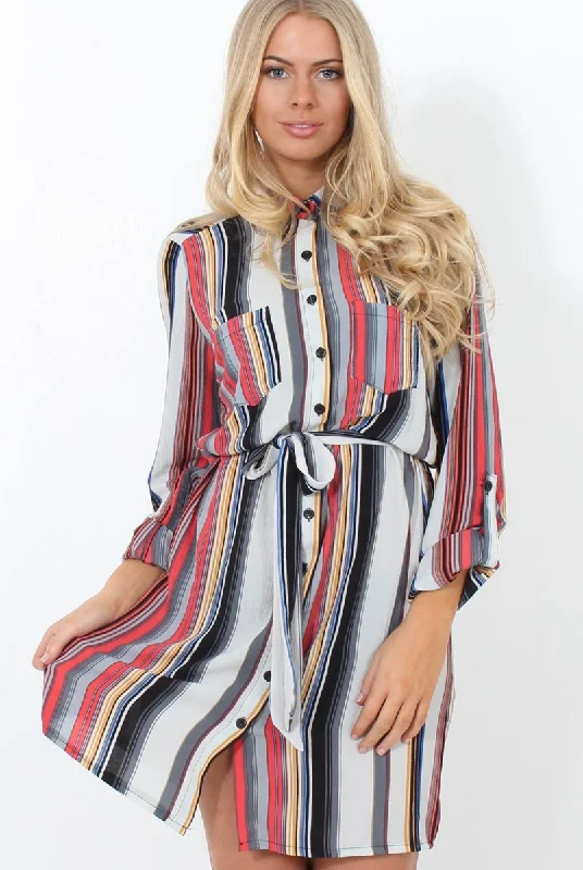 Long-sleeve Shirt Dress for Women-Danty Multi Coloured Stiped Shirt Dress