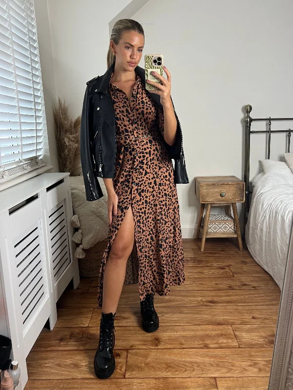 Woven Shirt Dress-Daphne Belted Shirt Dress / Brown and Black Animal Print