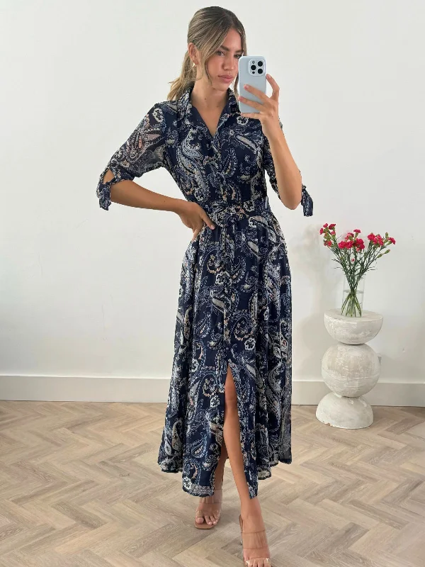 Simple V-neck Shirt Dress-Daphne Belted Shirt Dress / Blue Paisley