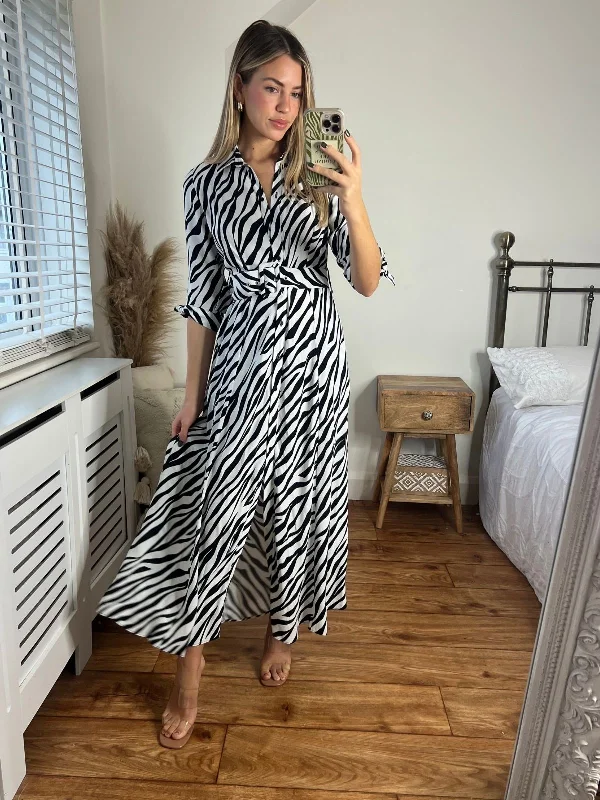 Button Down Back Shirt Dress-Daphne Belted Shirt Dress / Zebra Print