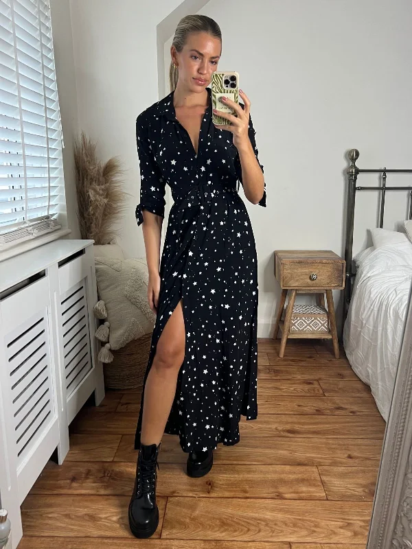 White Shirt Dress-Daphne Belted Shirt Dress / Black and White Star Print