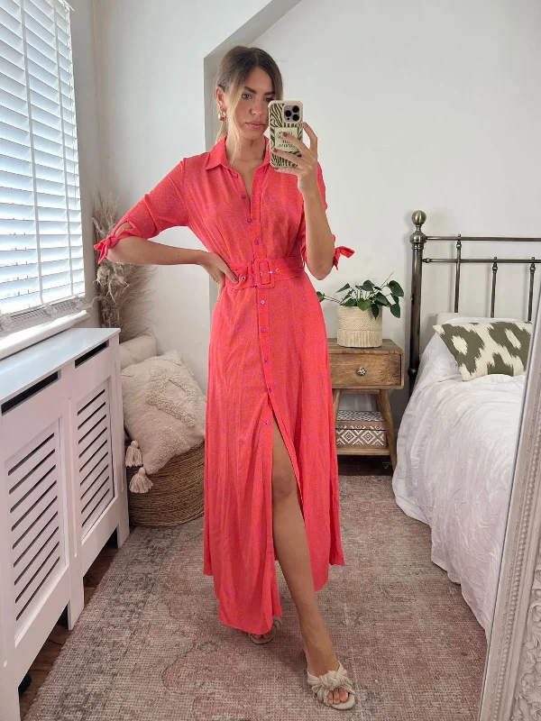 Women's Plaid Shirt Dress-Daphne Belted Shirt Dress / Pink Animal Print