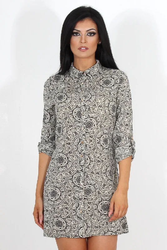 Women's Button-down Shirt Dress with Pockets-Darcia Black Paisley Print Shirt Dress