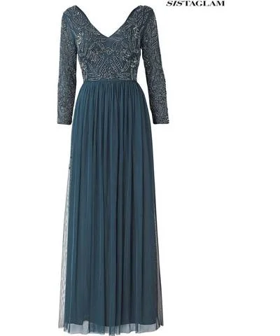 Women's High-low Maxi Dress-Dark Teal Beaded Longsleeve Maxi Dress