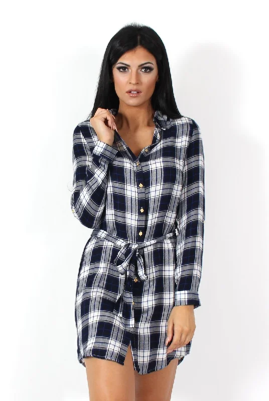 Women's Classic Plaid Shirt Dress-Darla Navy And White Checked Shirt Dress