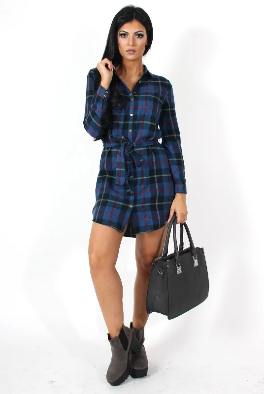 Classic Short Sleeve Shirt Dress-Darla Navy Checked Shirt Dress