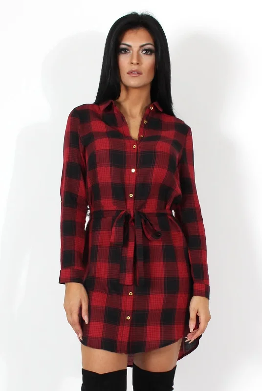 Women's Wool Shirt Dress-Darla Red And Black Checked Shirt Dress