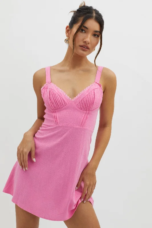 Women's Tulle Skirt Mini Dress-Day Dreamer Pintuck Pleat Mini Dress Hot Pink