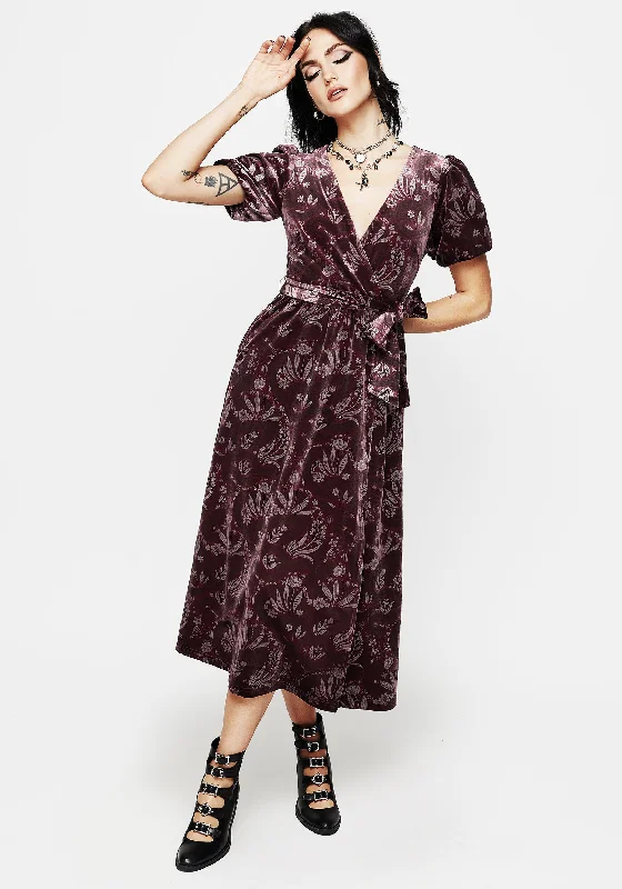 Wrap Dress for Classic Style -Wrap Dress with Long Sleeves -Deception Foil Print Velour Midi Wrap Dress Wrap Dress for Classic Style -Wrap Dress with Long Sleeves -Deception Foil Print Velour Midi Wrap Dress