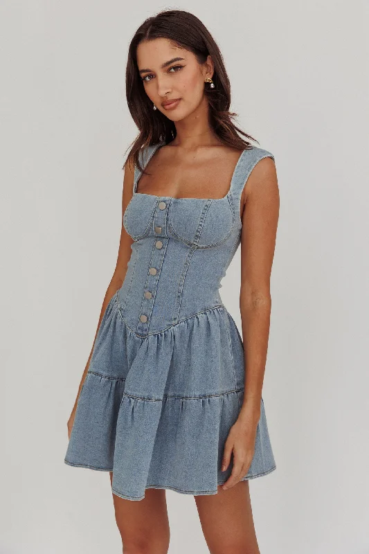 Women's Chic A-line Mini Dress-Deep Dive Square Neck Mini Dress Denim