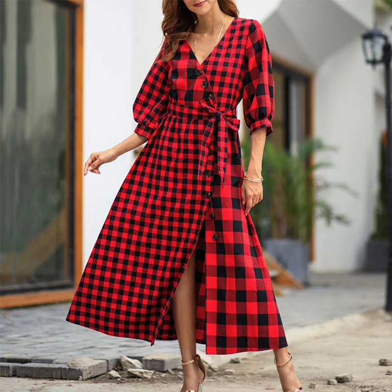 Soft Pleated Party Dress for Stylish Night -Deep V-neck Plaid Sashes A-line Long Dress Women Fashion Vintage 3/4 Sleeve Split Hem Dresses Ladies Elegant Party Dress Autumn