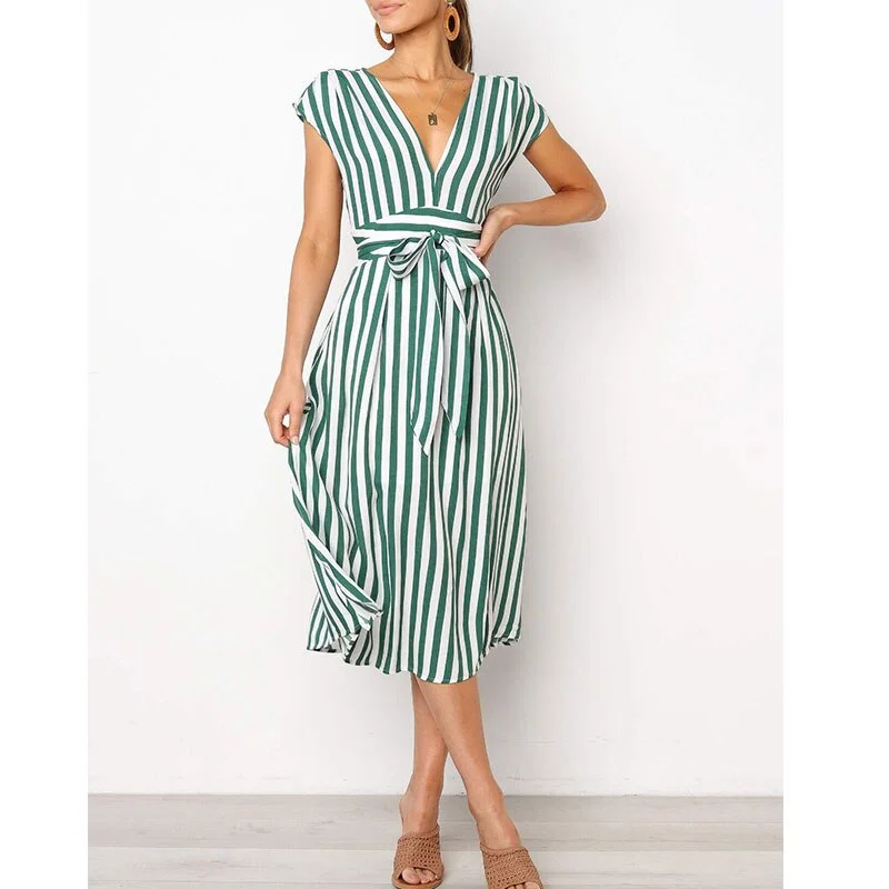 V-neck Silk Party Dress for Classic Look -Deep V-neck Striped Lace Up Midi Dresses Women Casual Sleeveless A-line Dress Summer Ladies Fashion Party Dress Vestidos New