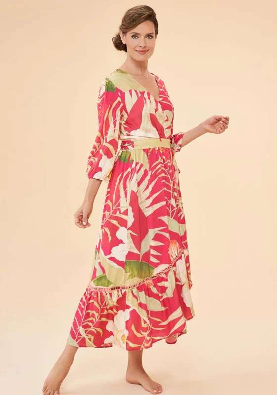 Plus-size Wrap Dress for Formal Occasions -Wrap Dress with Button Detail -Powder Delicate Tropical Wrap Dress, Dark Rose Plus-size Wrap Dress for Formal Occasions -Wrap Dress with Button Detail -Powder Delicate Tropical Wrap Dress, Dark Rose