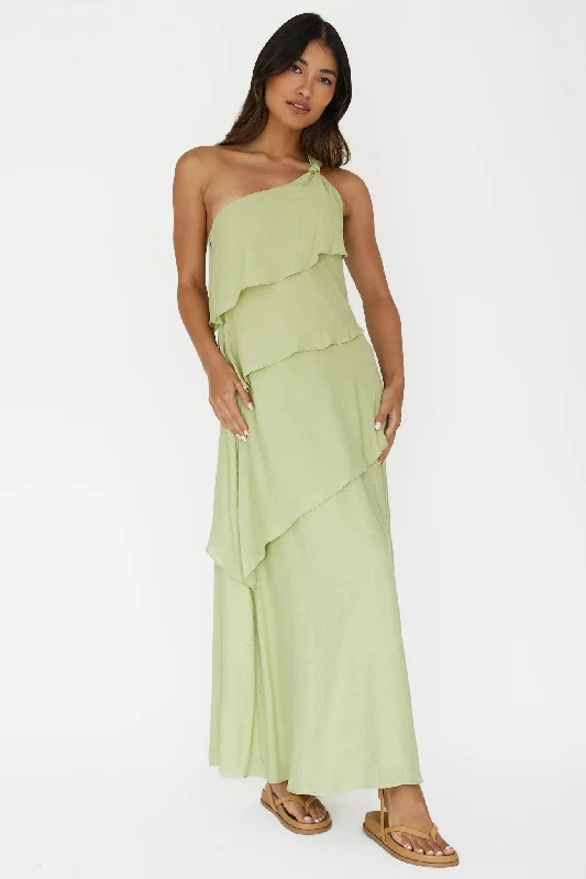 Women's Pleated Chiffon Maxi Dress-Delwyn One-Shoulder Maxi Dress Sage