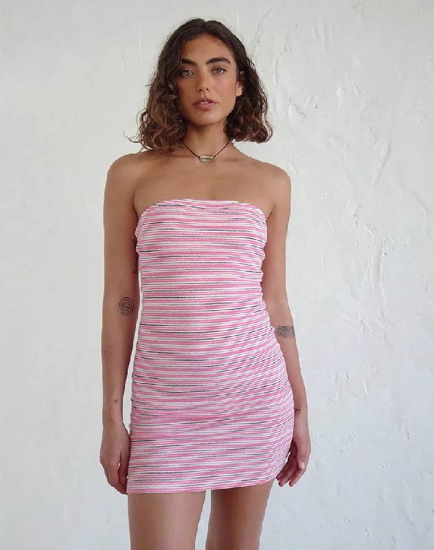 Women's Puff Sleeve A-line Mini Dress-Dema Mini Dress in Jacquard Pink Stripe