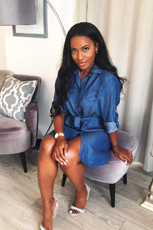 Stylish Short Sleeve Shirt Dress-Denim Button Down Tie Waist Shirt Dress - Delores