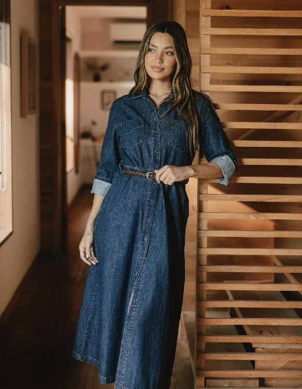 Women's Plain White Shirt Dress-Denim Shirt Dress in Dark Wash
