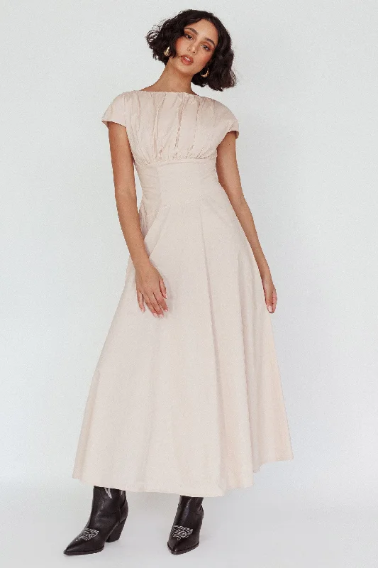 Women's Gathered Waist Maxi Dress-Derry Cap Sleeve A-line Maxi Dress Oat