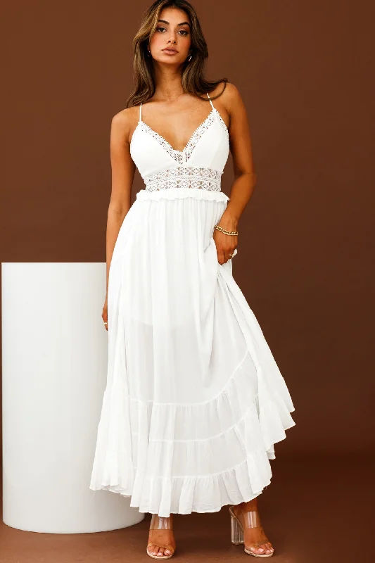 Women's Wide Belt Maxi Dress-Desert Rose Crochet Tie-Up Back Maxi Dress White
